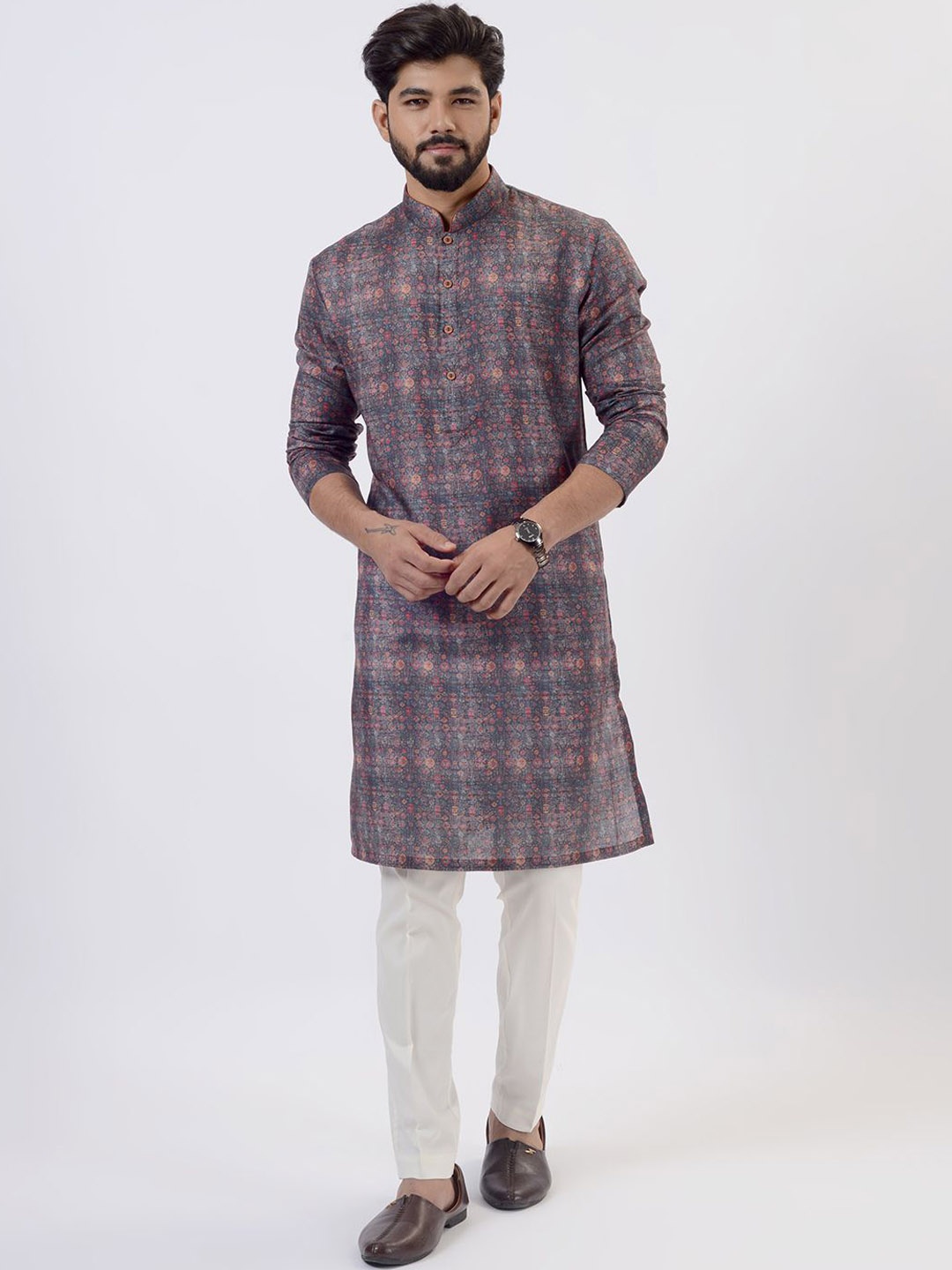 

azania Floral Printed Mandarin Collar Linen Straight Kurta with Pyjamas, Teal