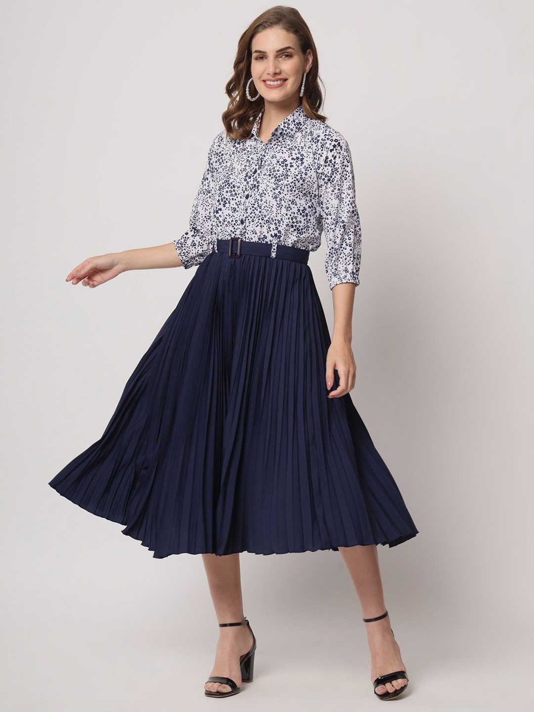 

Raiyani Enterprise Printed Pleated Fit & Flare Dress, Navy blue