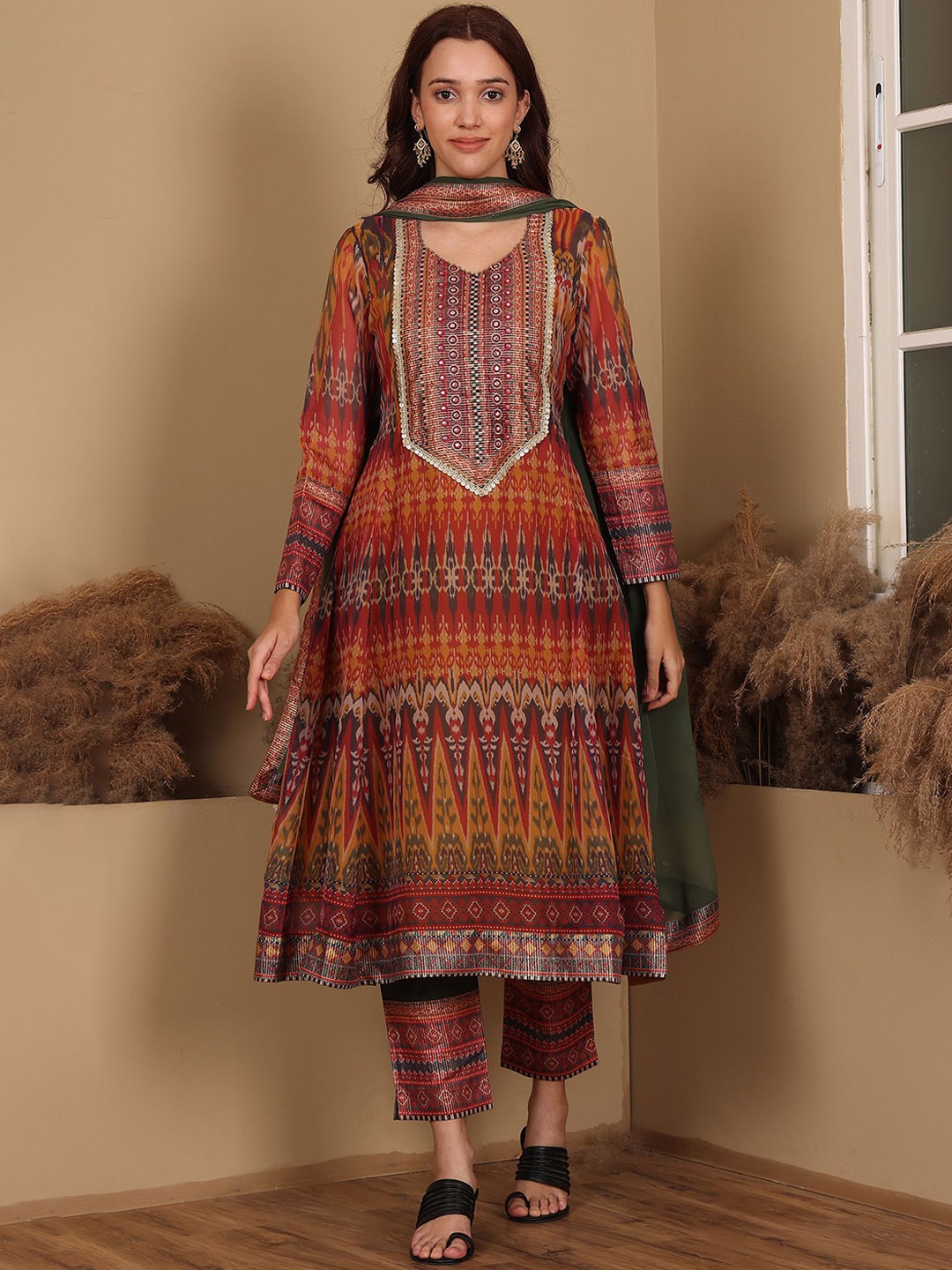 

W Mustard Ethnic Motifs Printed V-Neck Long Sleeves Regular Kurta With Trouser & Dupatta