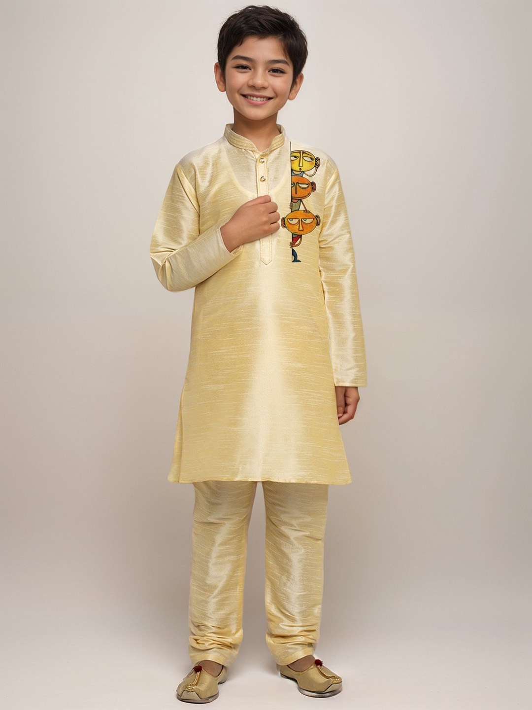 

DEVOILER Boys Ethnic Motifs Printed Band Collar Straight Kurta, Beige