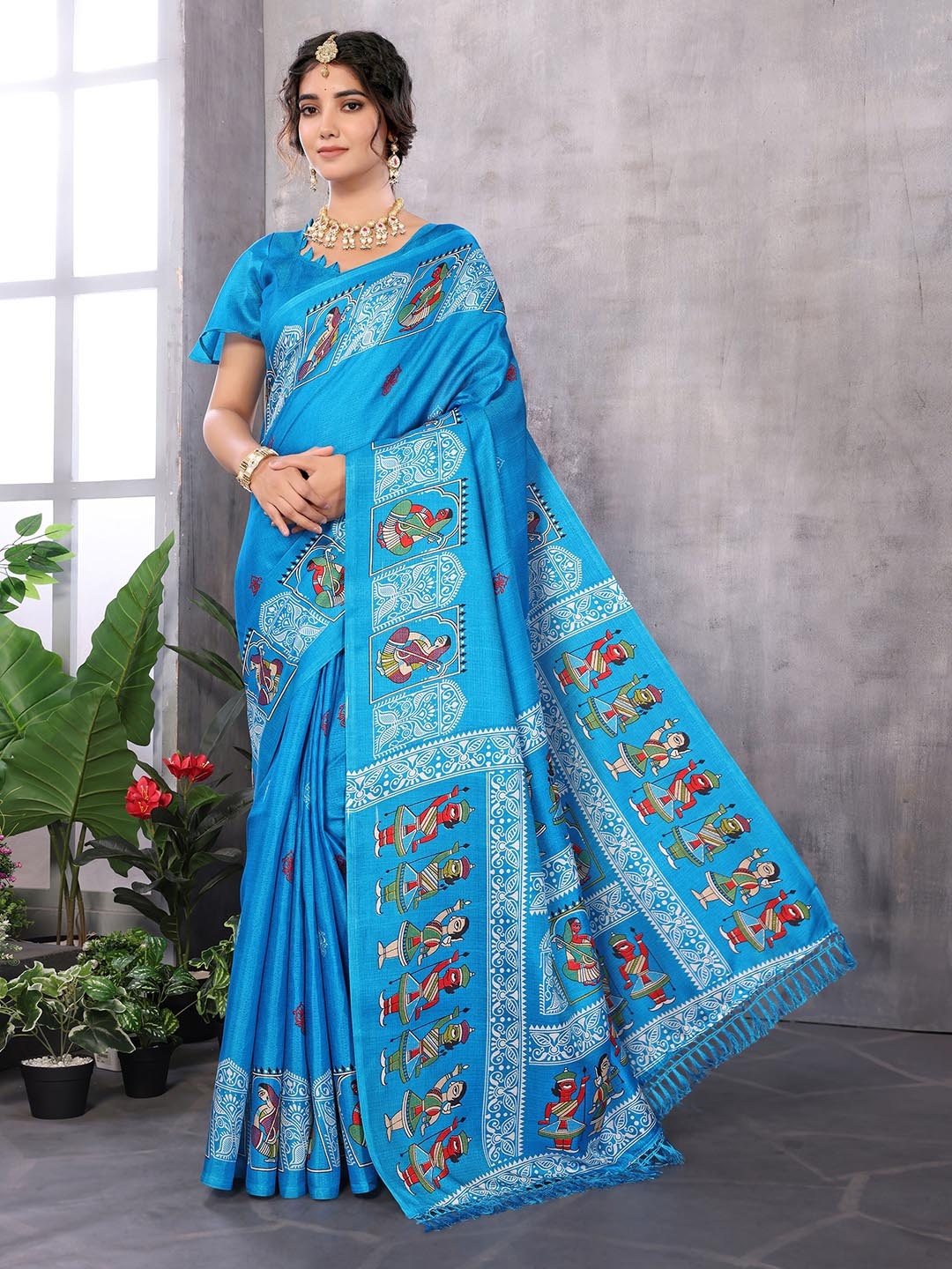 

KALINI Ethnic Motifs Printed Fusion Saree, Blue