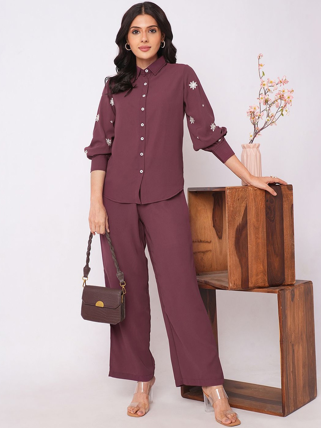 

KALINI Embroidered Shirt Collar Long Sleeves Shirt With Palazzo, Maroon