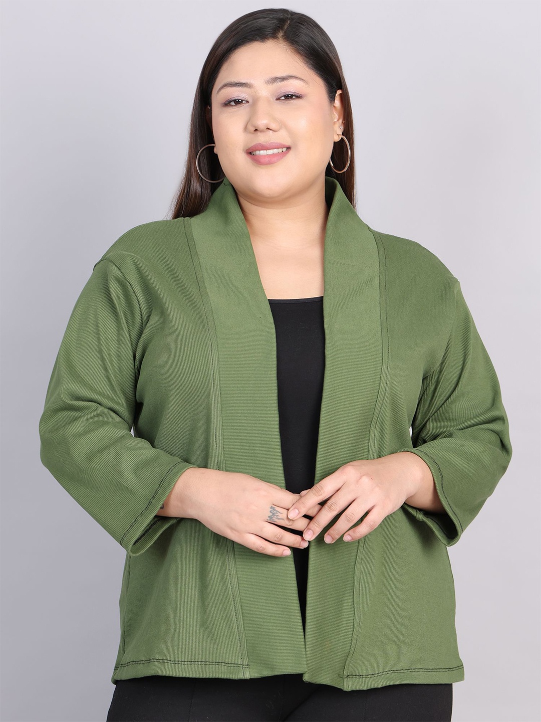 

Rute Plus Size Shawl Neck Pure Cotton Open Front Shrug, Green