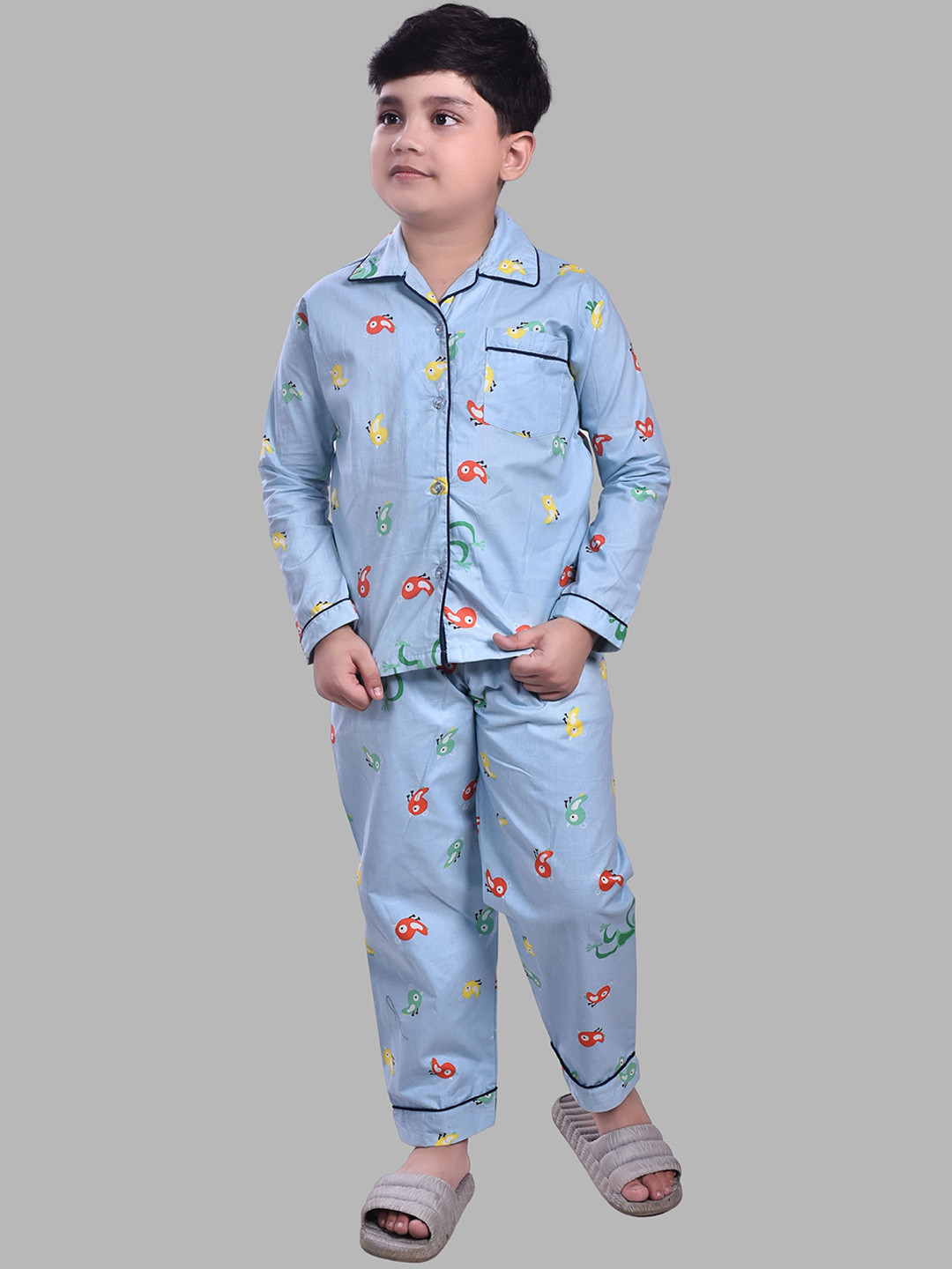 

YK Boys Printed Pure Cotton Shirt Collar Slip-On Night suit, Blue