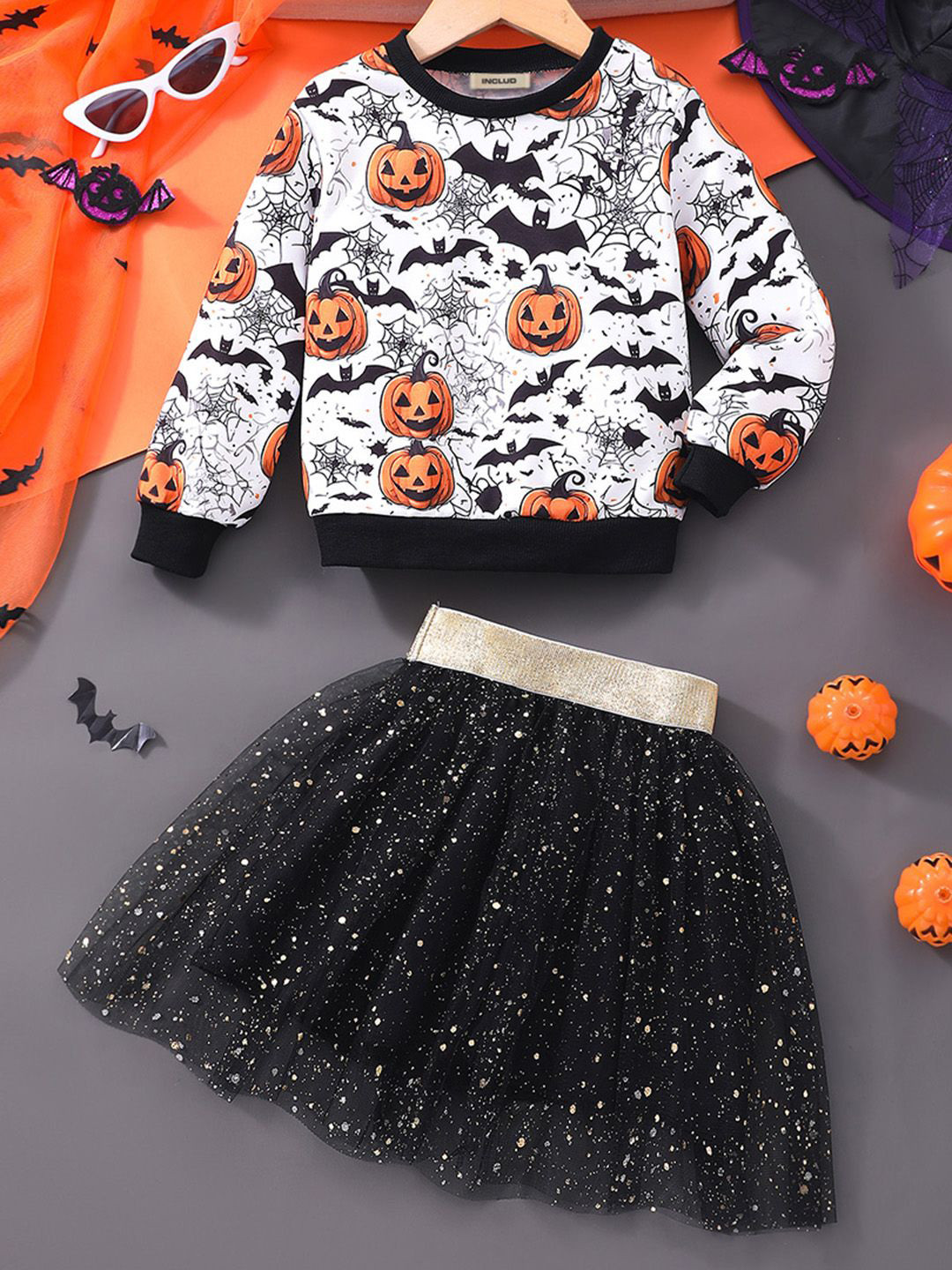 

INCLUD Girls Halloween Printed Sweatshirt With Skirt, Black
