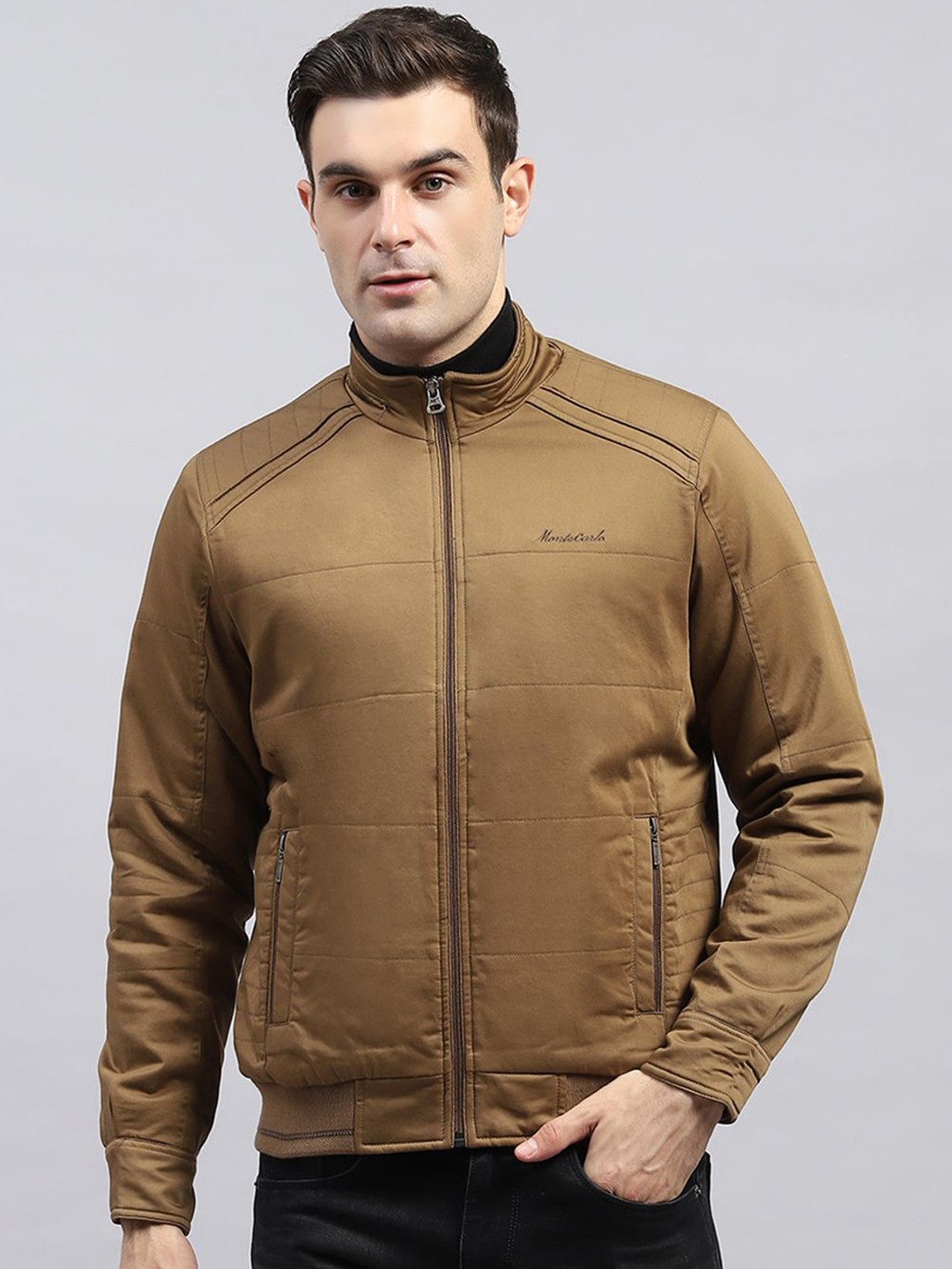 

Monte Carlo Men Mock Collar Solid Cotton Casual Padded Jacket, Brown