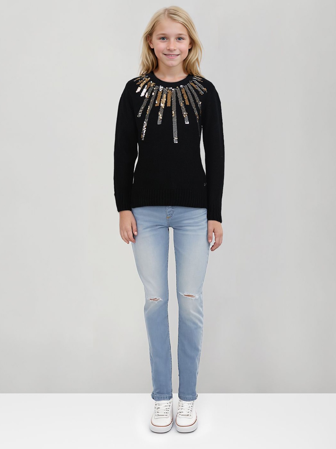 

Gini and Jony Girls Sequinced Round Neck Pullover Sweaters, Black