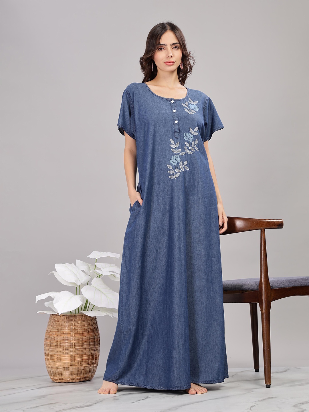 

9shines Label Women Pure Cotton Round Neck Embroidered Maxi Nightdress, Blue