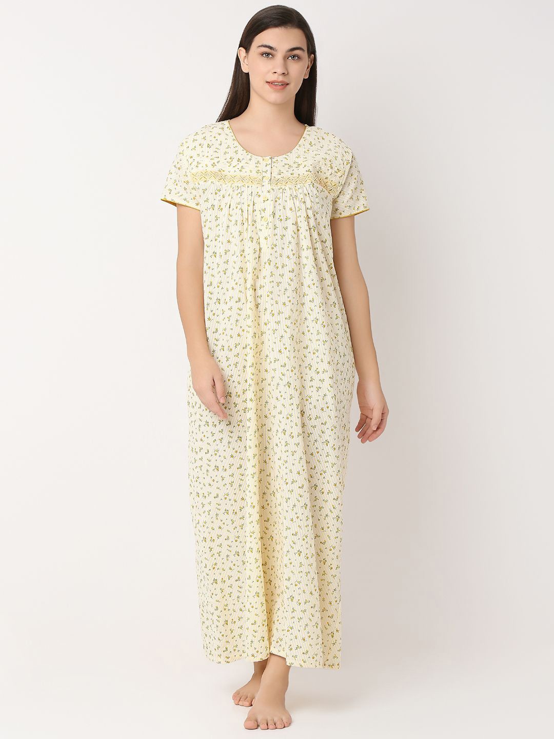 

Juliet Women Printed Round Neck Maxi Nightdress, Yellow