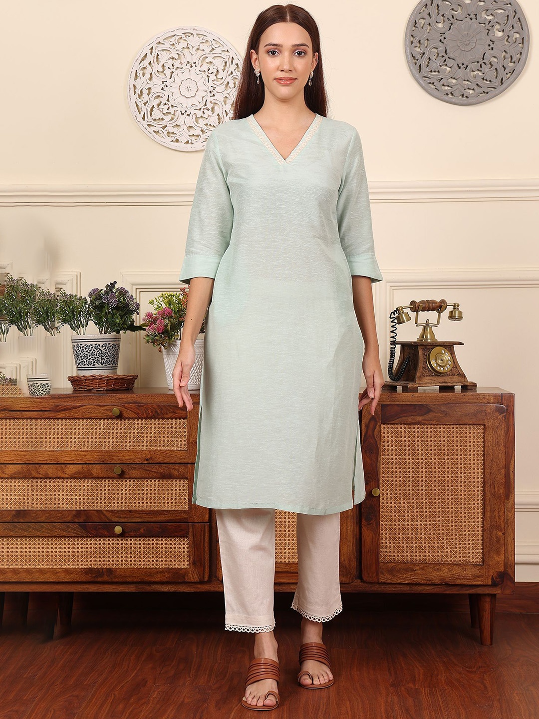 

W Blue V-Neck Three-Quarter Sleeves Regular Linen Straight Kurta