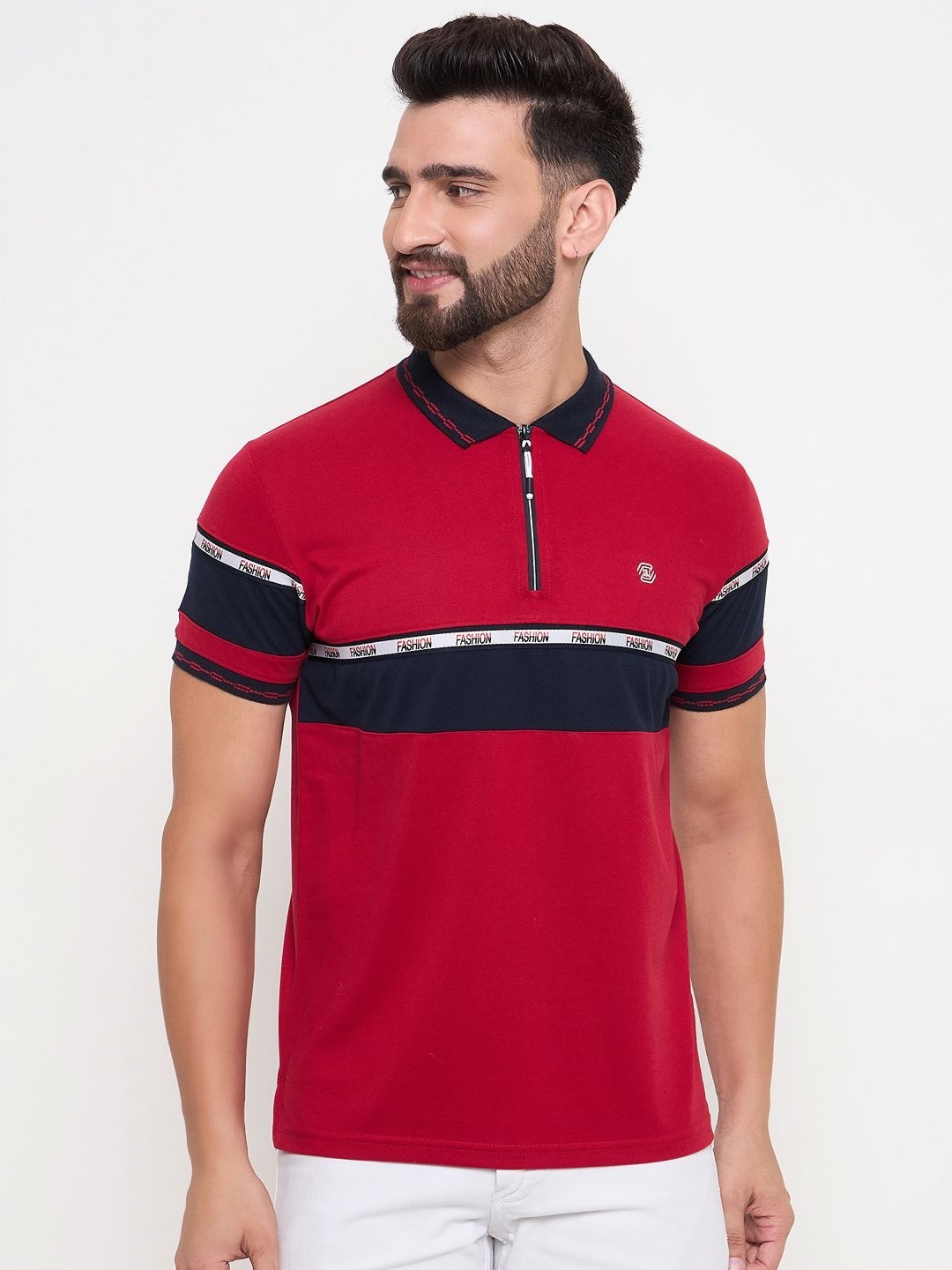 

Duke Men Colourblocked Polo Collar Cotton Slim Fit T-shirt, Red