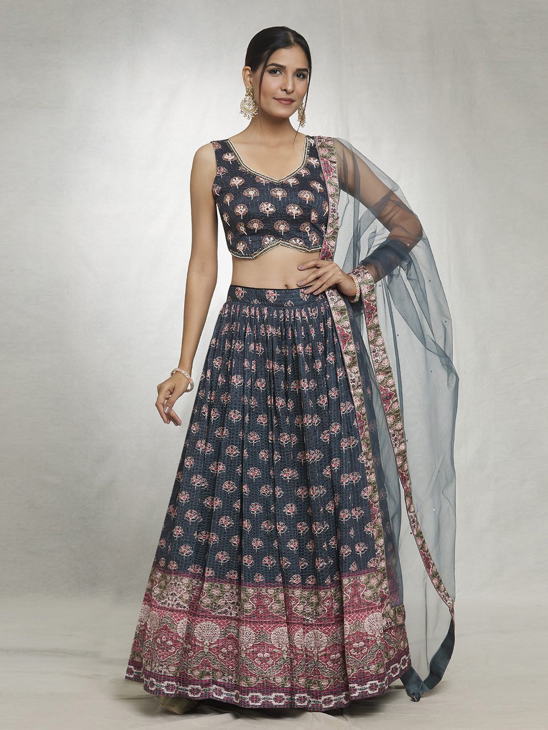 

Samyukta Singhania Printed Sequinned Ready to Wear Lehenga & Blouse With Dupatta, Blue