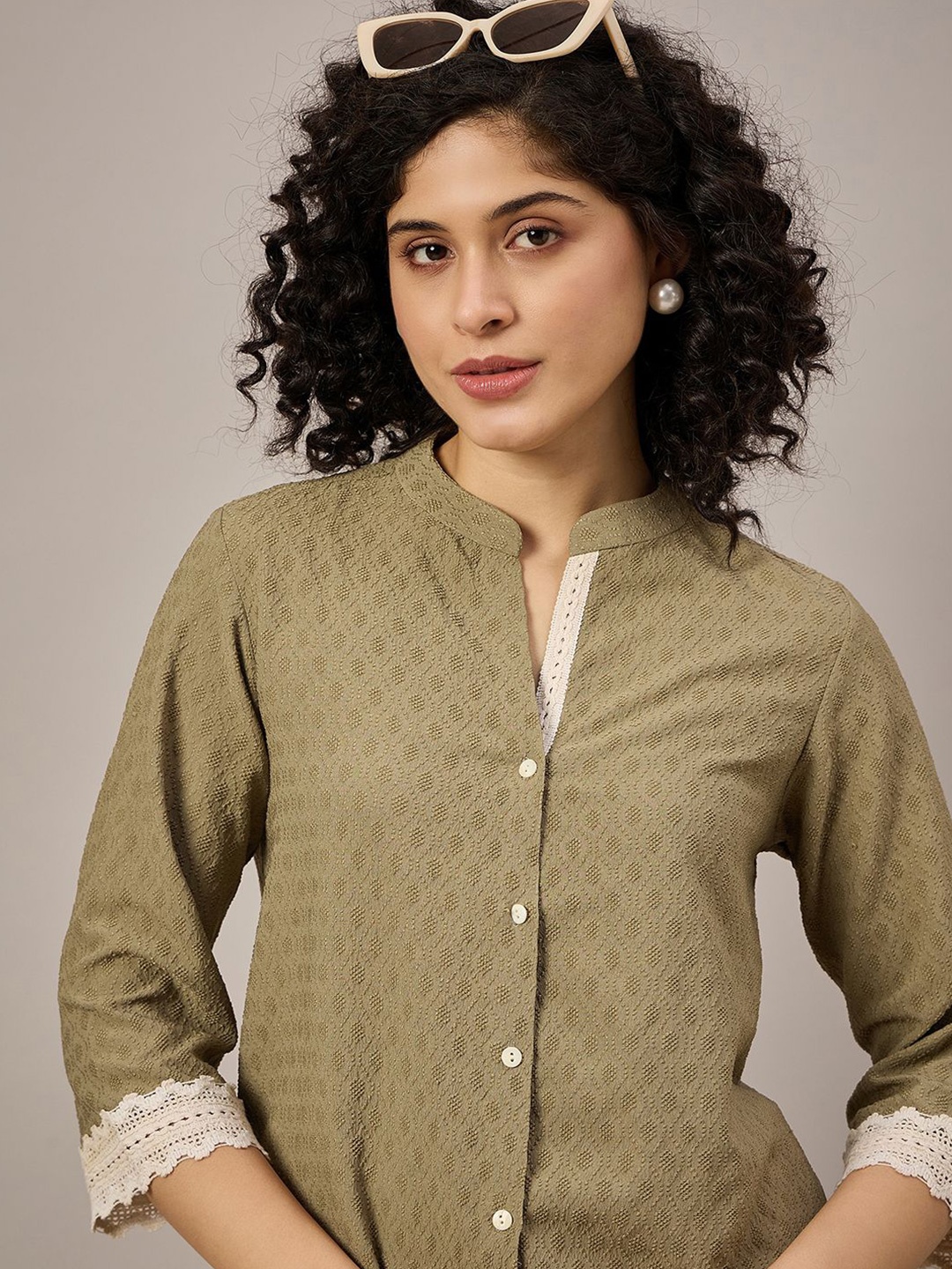 

The Roadster Lifestyle Co Women Self Design Mandarin Collar Lace Up Top, Olive