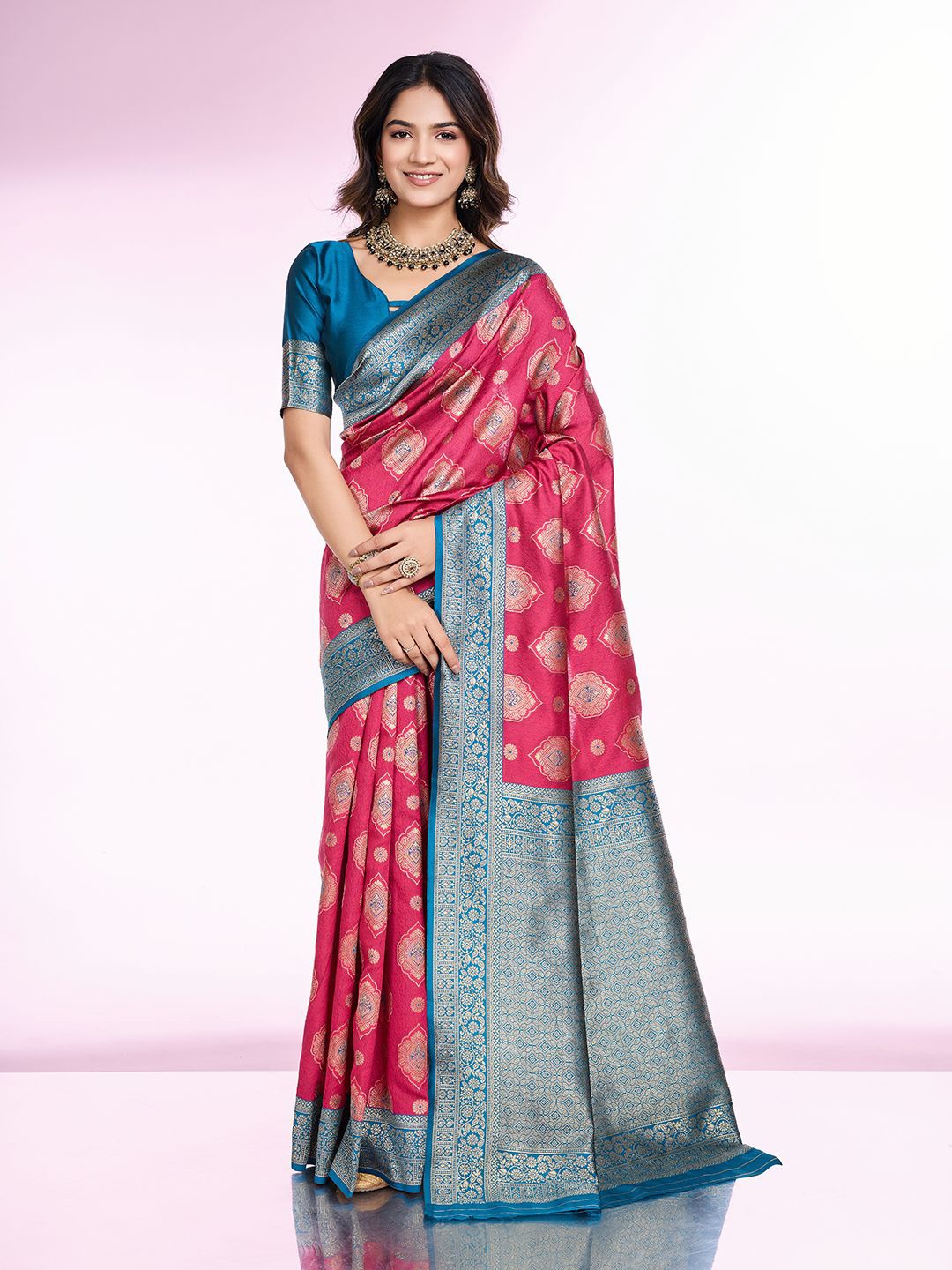 

RICH & ROMAN Woven Design Zari Pure Silk Banarasi Saree, Pink