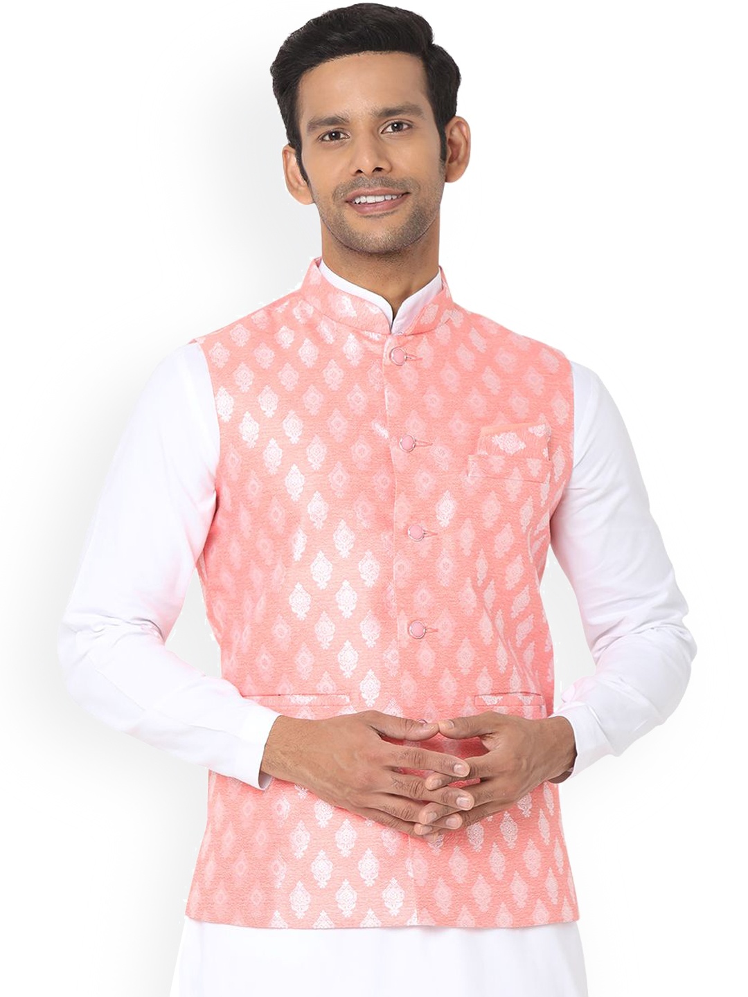 

SALWAR STUDIO Men Woven Design Nehru Jackets, Peach