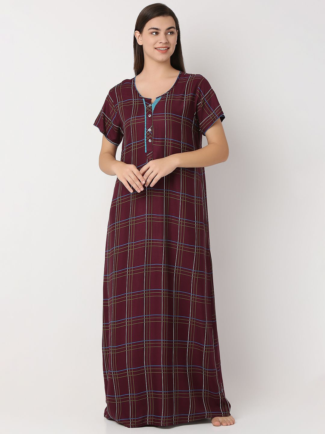 

Juliet Women Checked Printed Maxi Nightdress, Purple