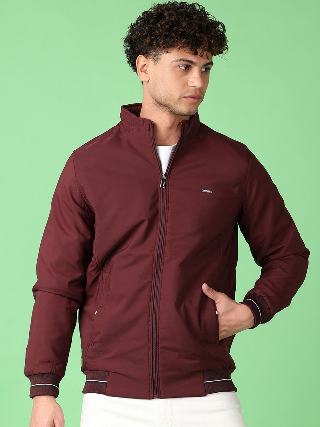 

V-Mart Men Mock Collar Solid Cotton Casual Bomber Jacket, Maroon
