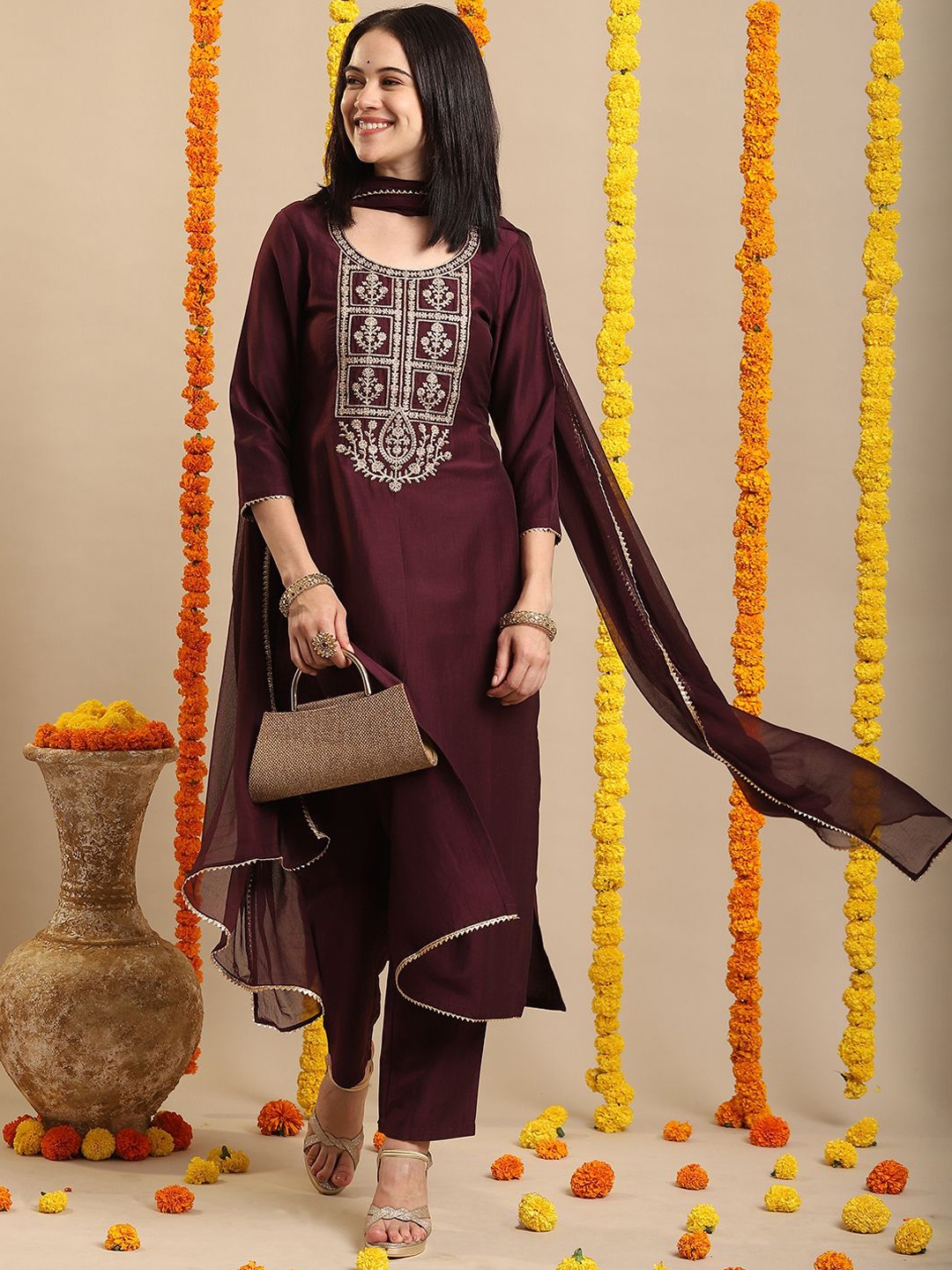 

KALINI Ethnic Motifs Embroidered Straight Kurta With Trouser & Dupatta, Maroon
