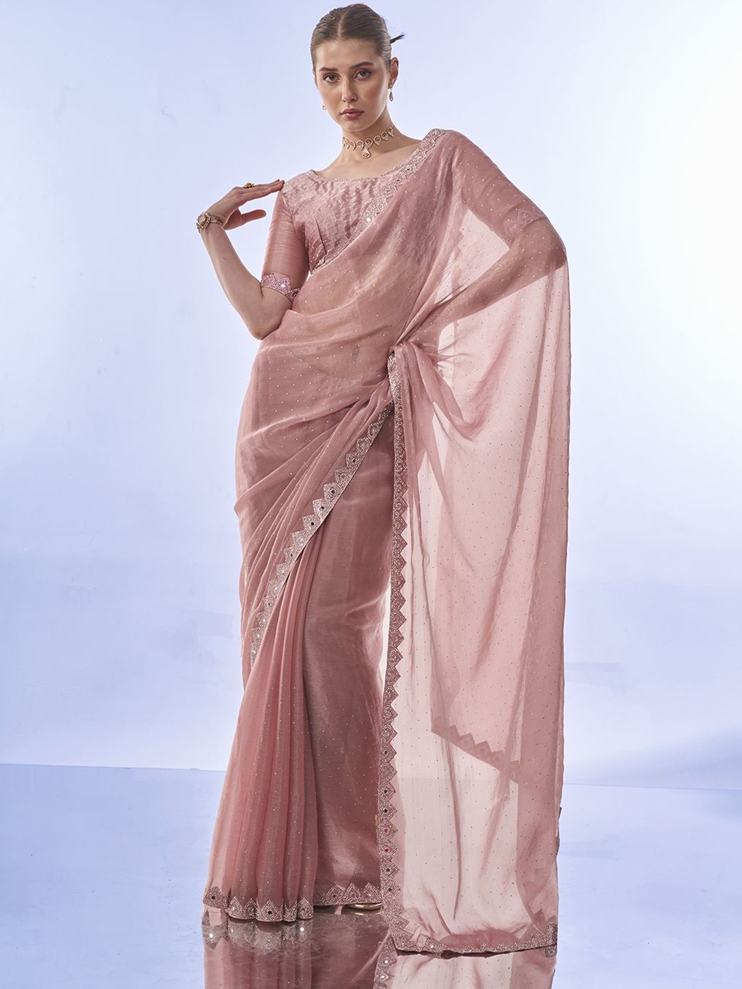 

Kalista Embellished Beads and Stones Organza Ready to Wear Saree, Pink