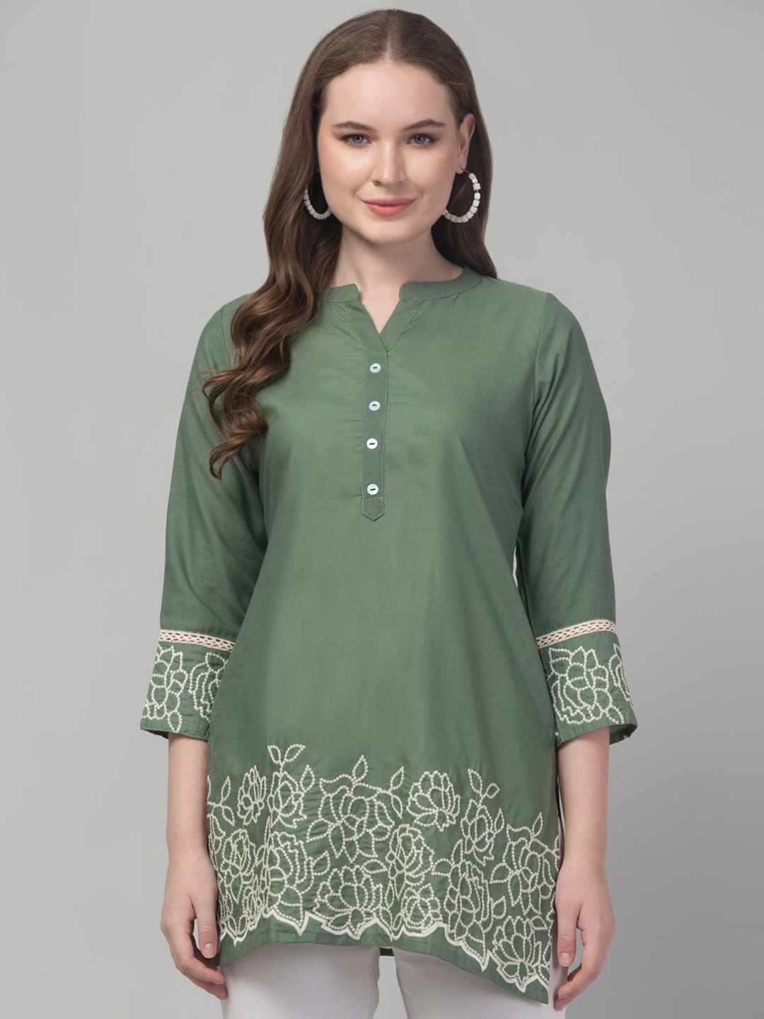 

Trend Level Floral Embroidered Kurti, Green