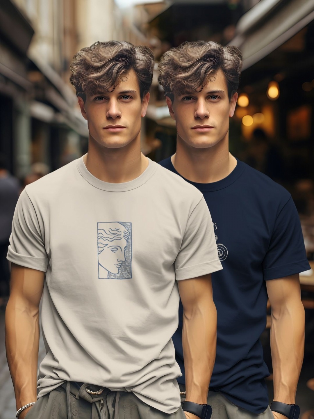 

BULLMER Men Pack Of 2 Graphic Printed Round Neck Cotton T-shirts, Beige