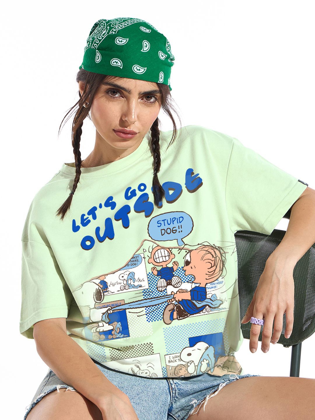

Bewakoof Heavy Duty Women Graphic Printed Round Neck Cotton Oversized T-shirt, Green