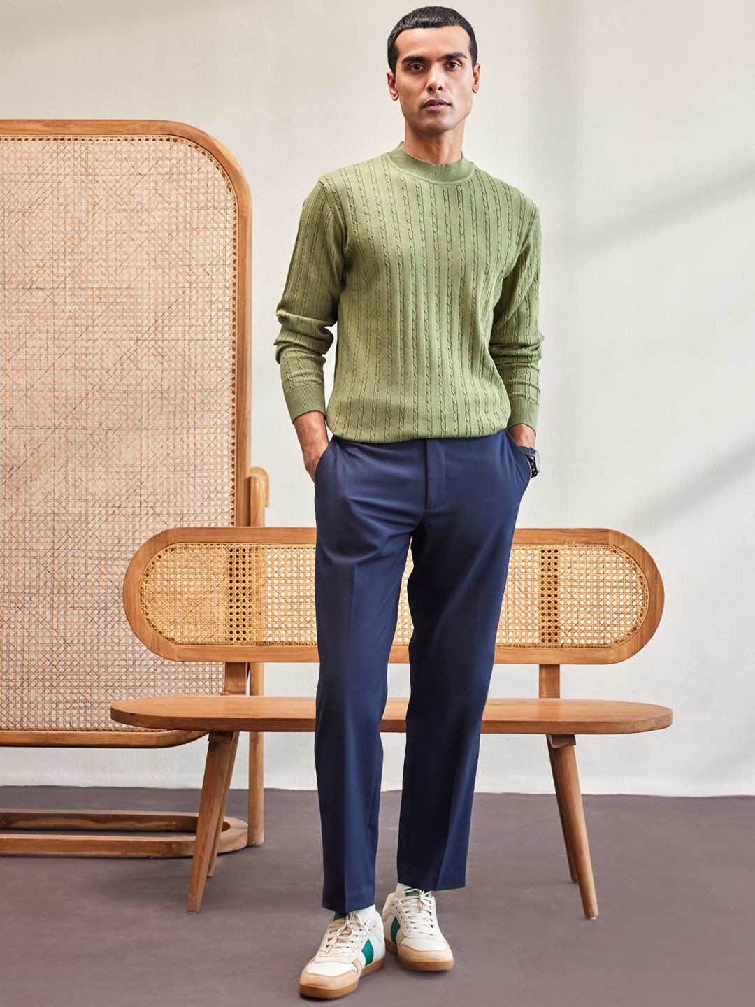 

Mr Bowerbird Men Self Design Cable Knit Pullover, Green