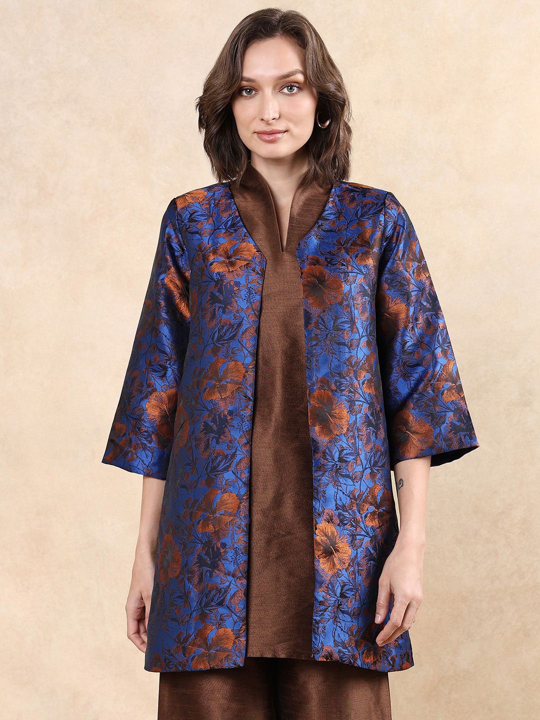 

RAREISM Women Collarless Floral Printed Cotton Casual Tailored Jacket, Blue