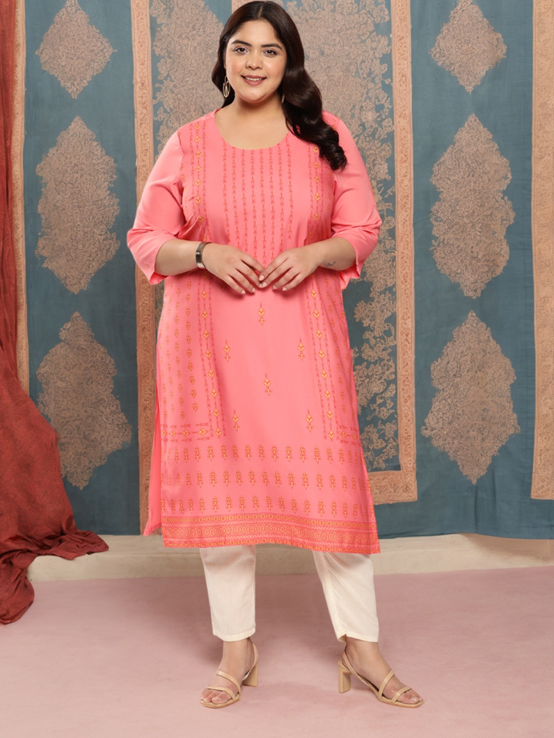 

Sztori Plus Size Ethnic Motifs Printed Straight Kurta, Pink