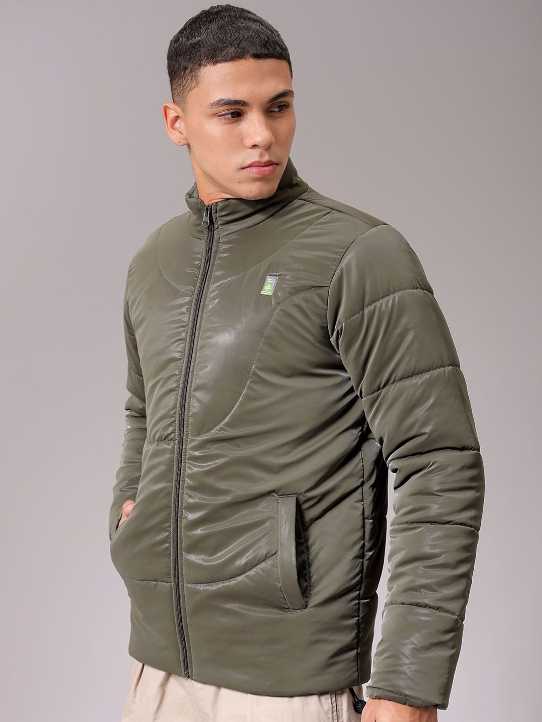 

The Indian Garage Co Men High Neck Solid Puffer Jacket, Olive