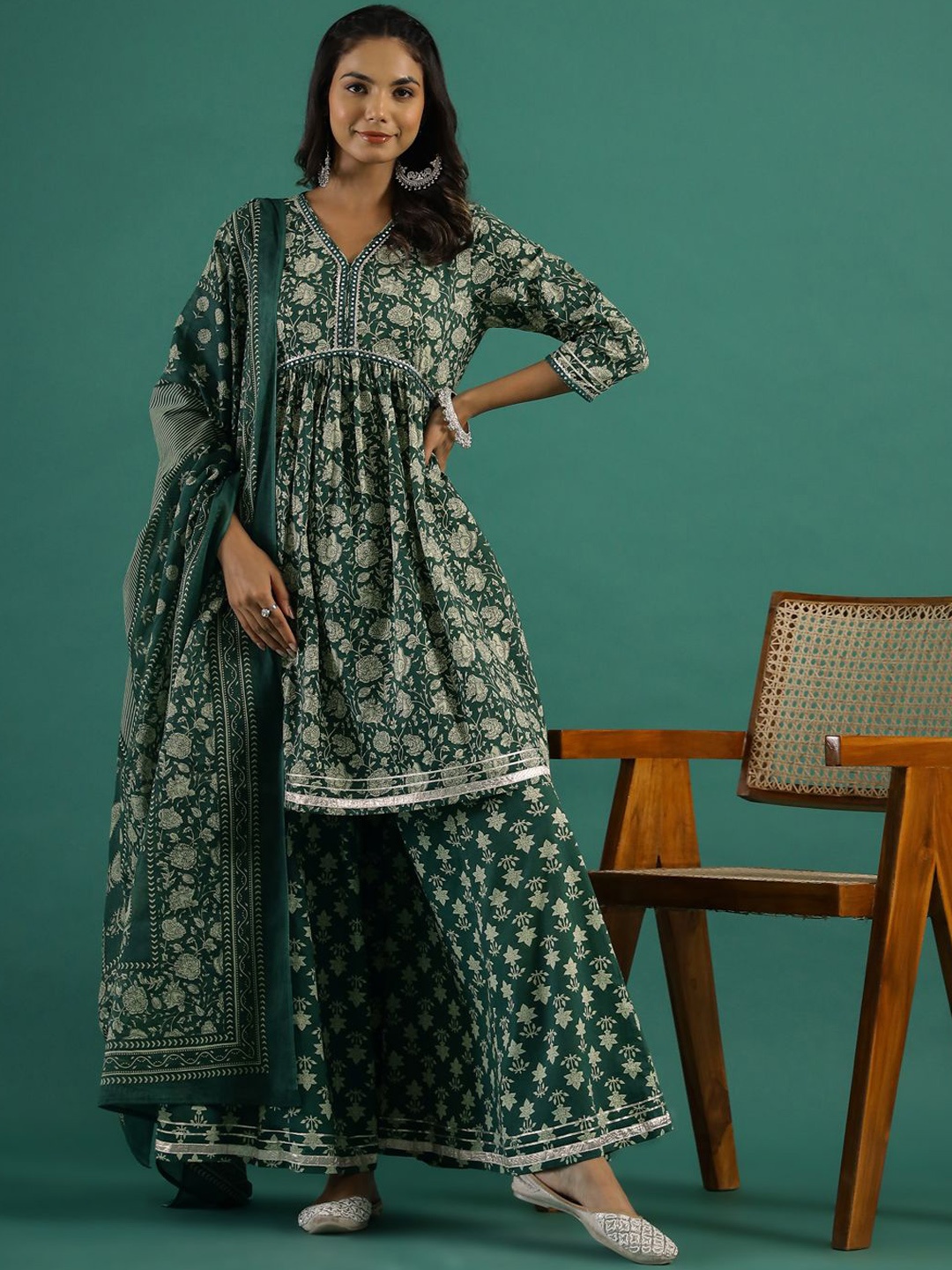 

RangDeep Floral Printed Pleated Thread Work Pure Cotton Kurta with Sharara & Dupatta, Green