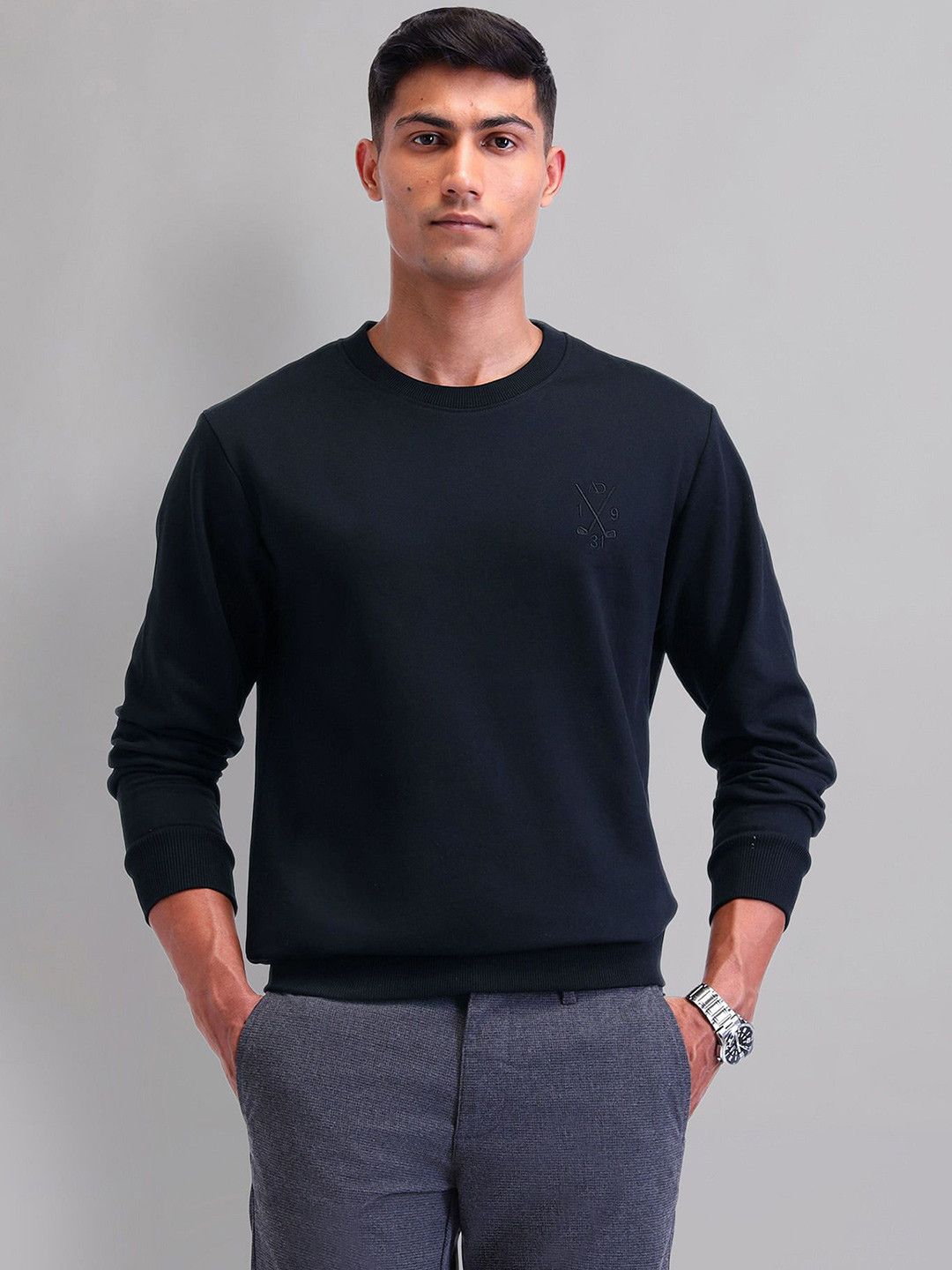 

AD By Arvind Men Cotton Black Round Neck Long Sleeves Pullover Sweatshirt