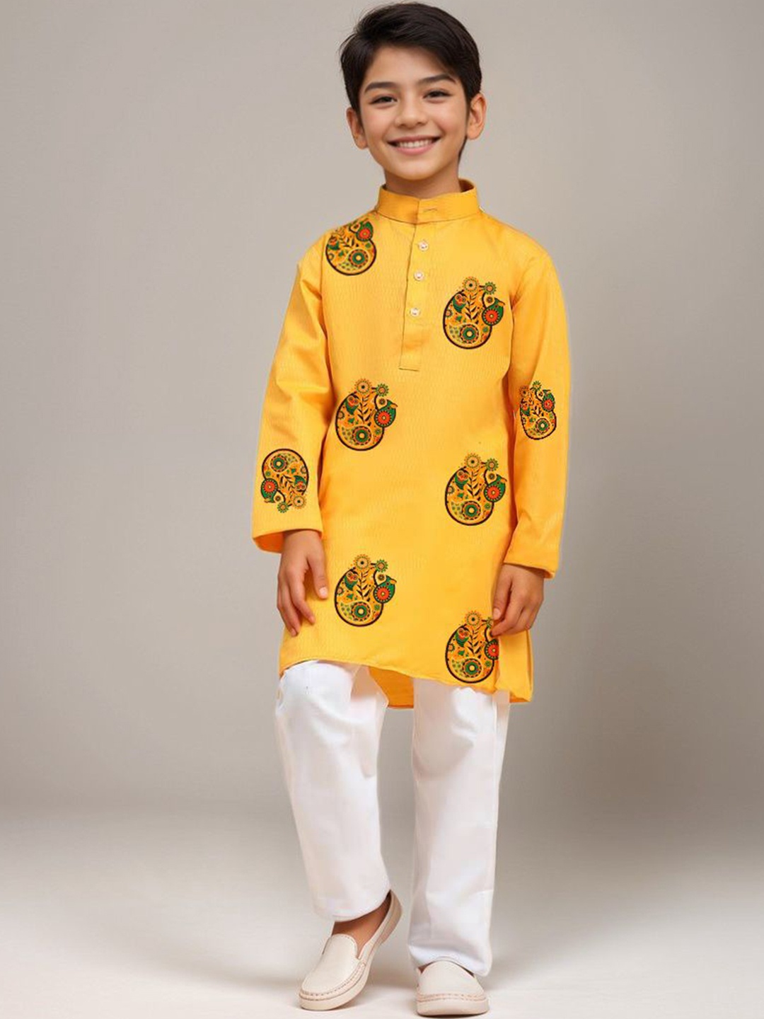 

DEVOILER Boys Floral Printed Cotton Regular Straight Kurta with Pyjamas, Yellow