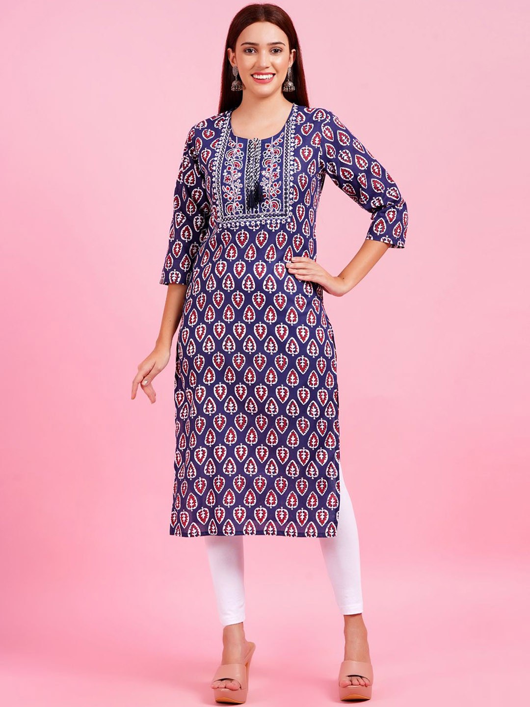 

KALINI Ethnic Motifs Printed Mirror Work Tie-Up Neck Cotton Straight Kurta, Blue