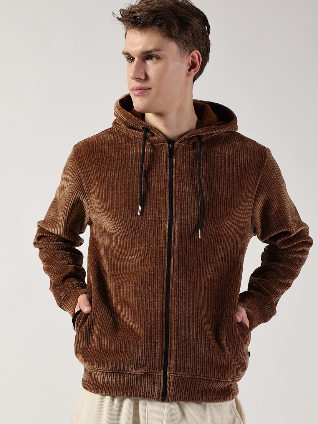 

Thomas Scott Men Hooded Self Design Casual Bomber Jacket, Brown