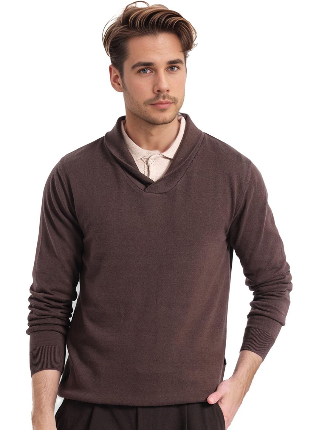 

RARE RABBIT Men Solid Pullover Cotton Sweater, Brown