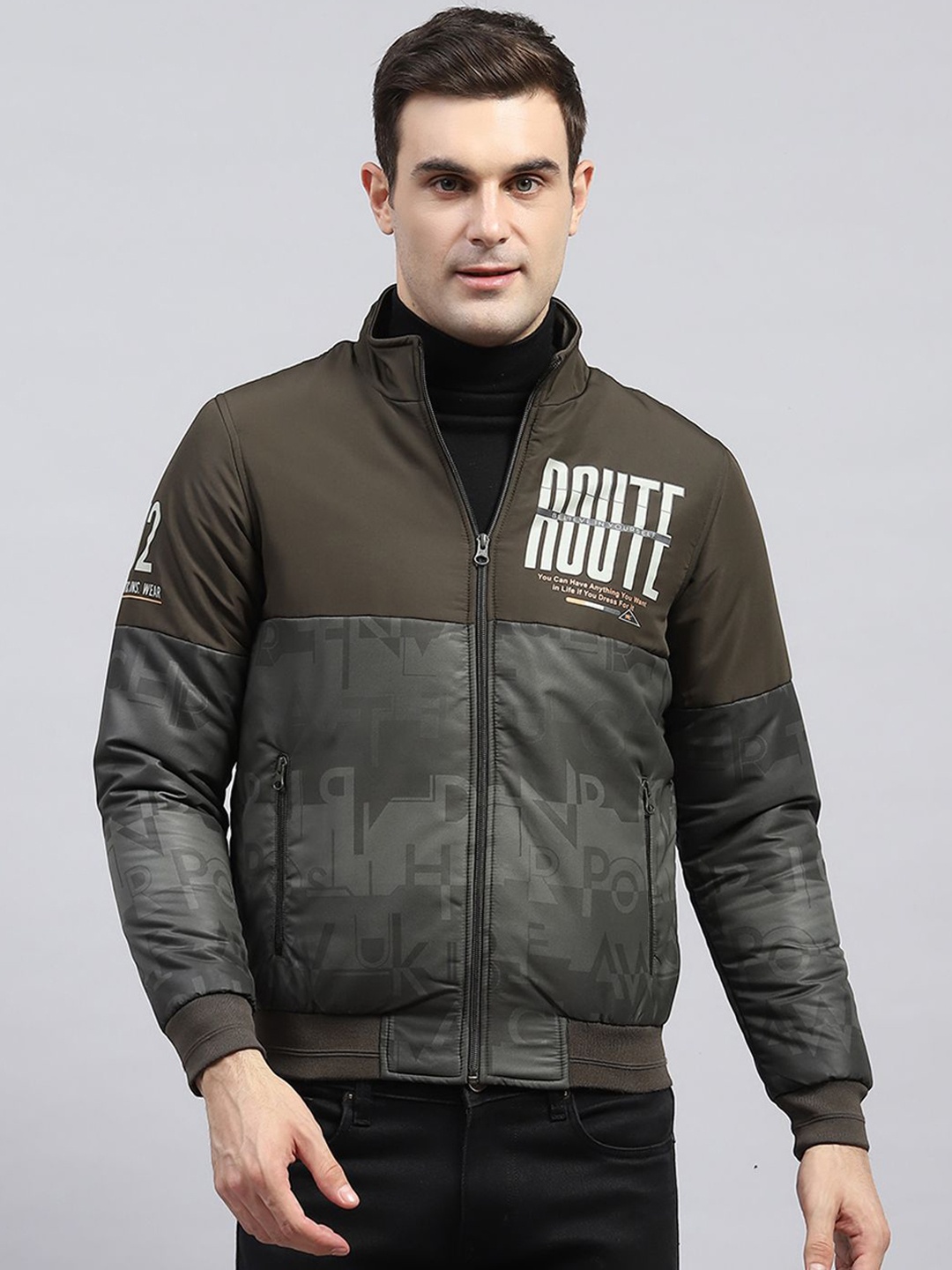 

Monte Carlo Men Mock Collar Typography Printed Casual Bomber Jacket, Olive