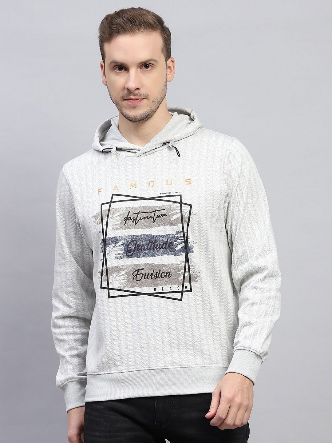 

Monte Carlo Men Typography Printed Hooded Applique T-shirt, Grey
