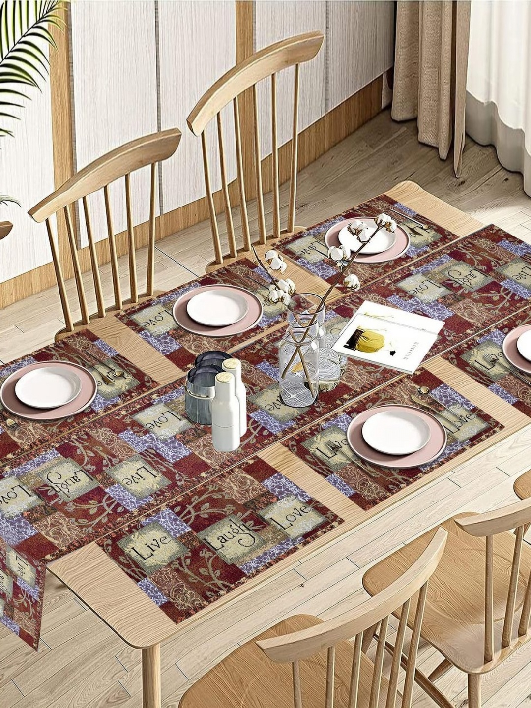 

PRAKARTIK 7-Pcs Blue & Brown Cotton Printed Table Linen Set