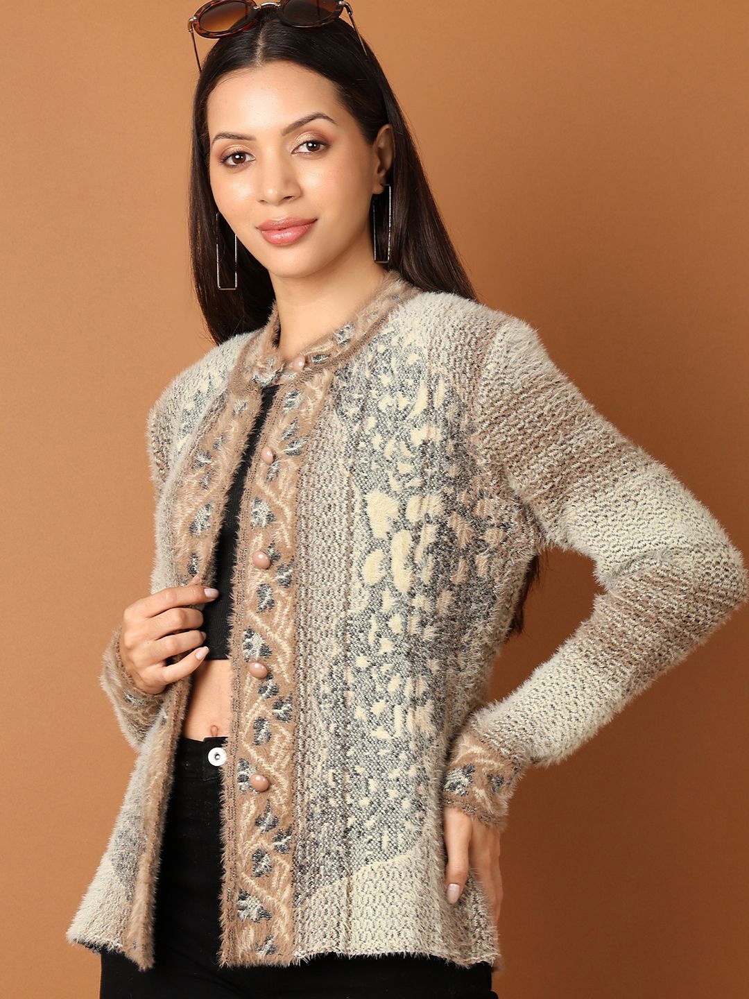 

V-Mart Women Abstract Self Design Cardigan, Brown
