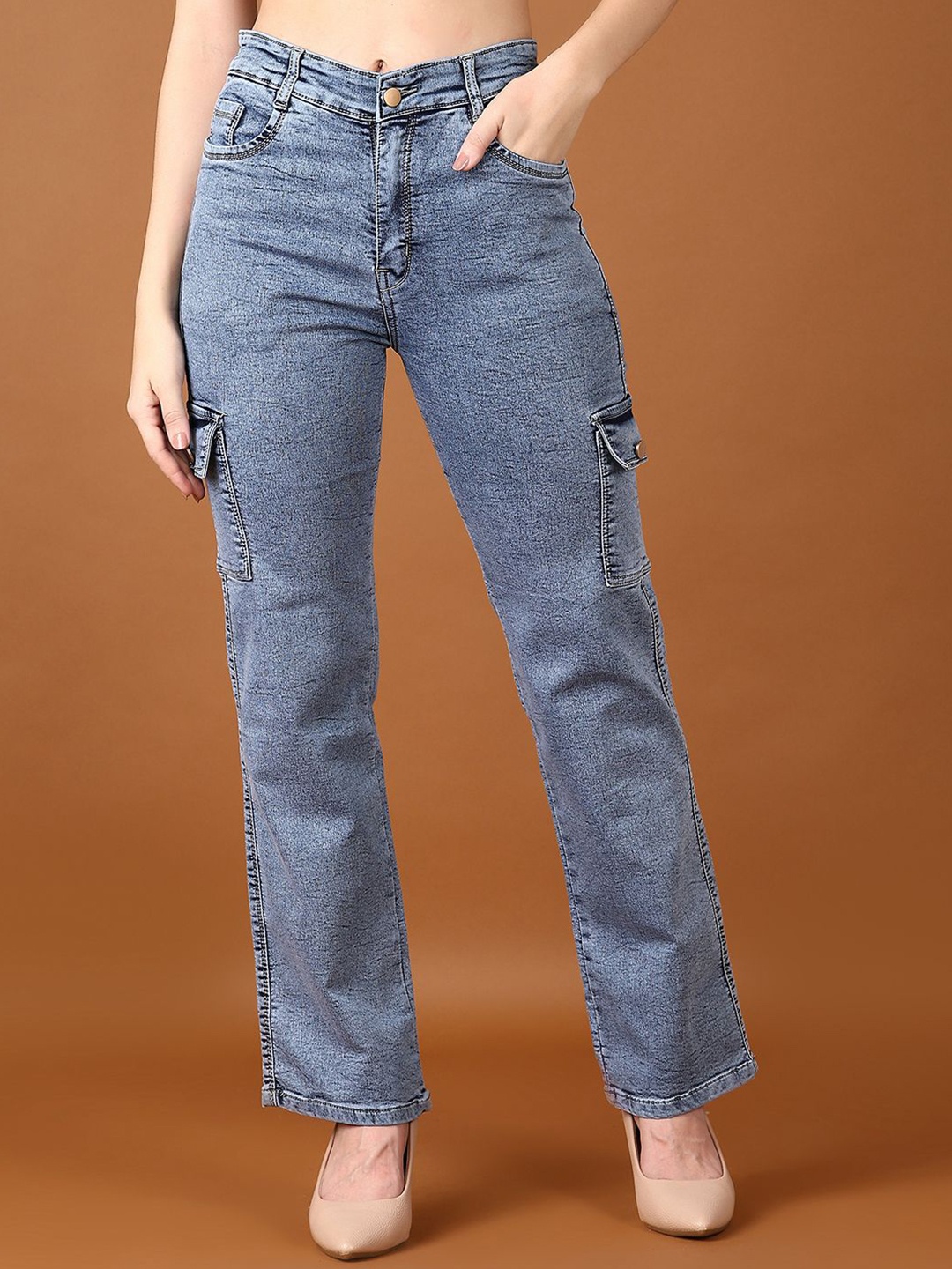 

V-Mart Women Solid Cotton Clean Look Regular Fit Mid-Rise Cargo Styles Jeans, Blue