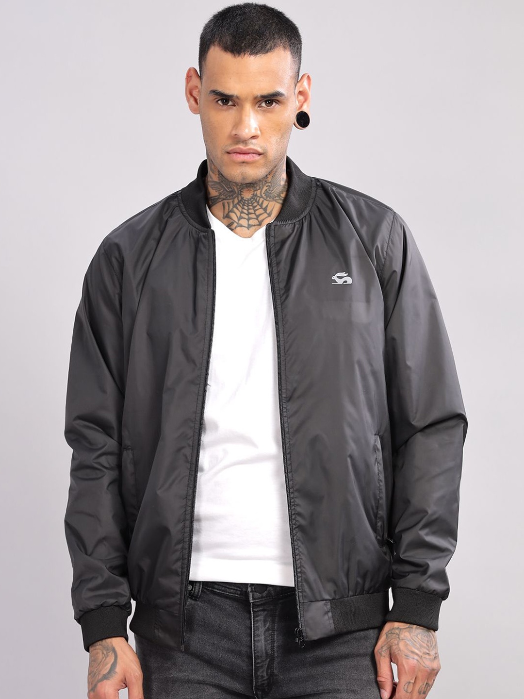 

ADRO Men Stand Collar Solid Casual Bomber Jacket, Black