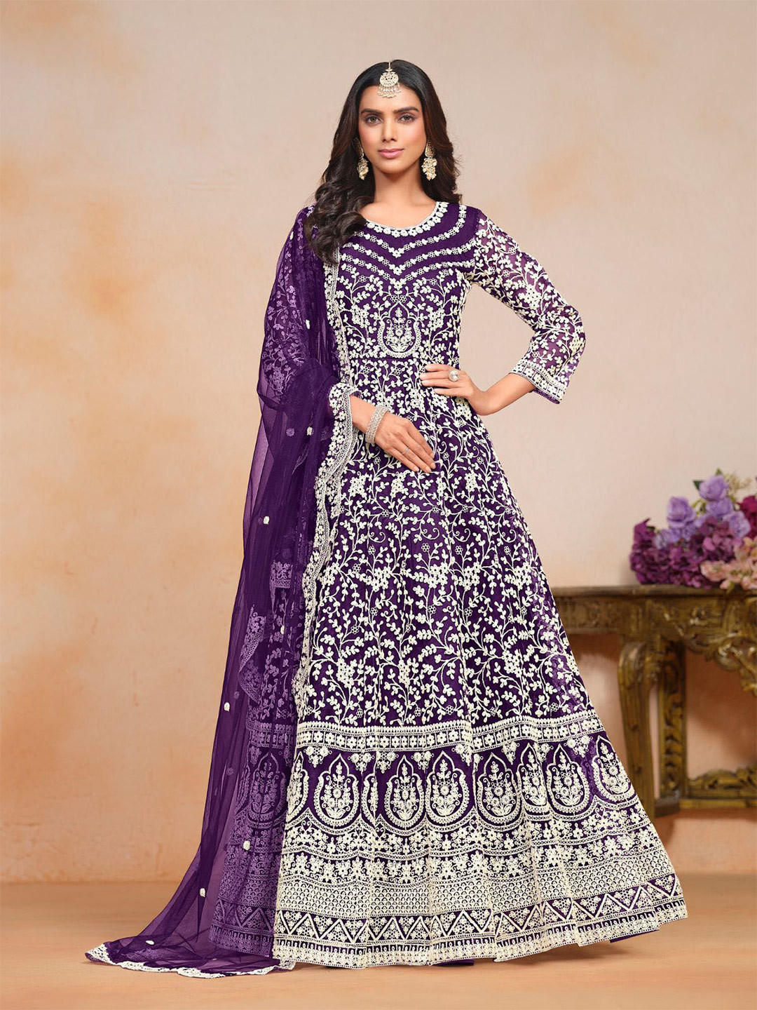 

ODETTE Ethnic Motifs Embroidered Sequinned Panelled Anarkali Net Ethnic Dress With Dupatta, Purple