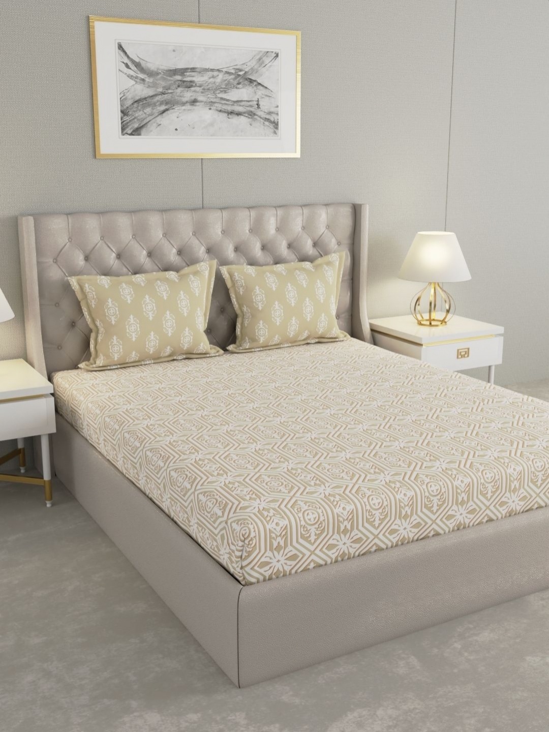 

Raymond Home MYSTIQUE Beige Ethnic Printed Cotton 110 TC Queen Bedsheet Set 2.54 x 2.24m