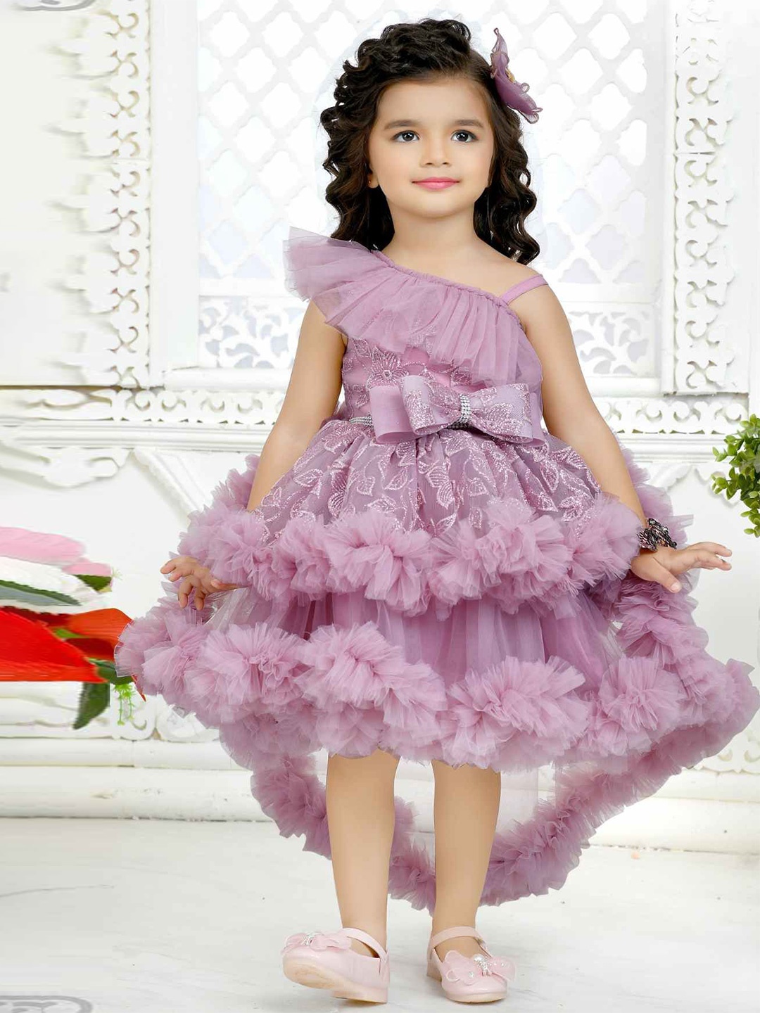 

Lagorii Girls Ruffled Frock With Bow Embellished One-Shoulder fit & flare Dress, Pink