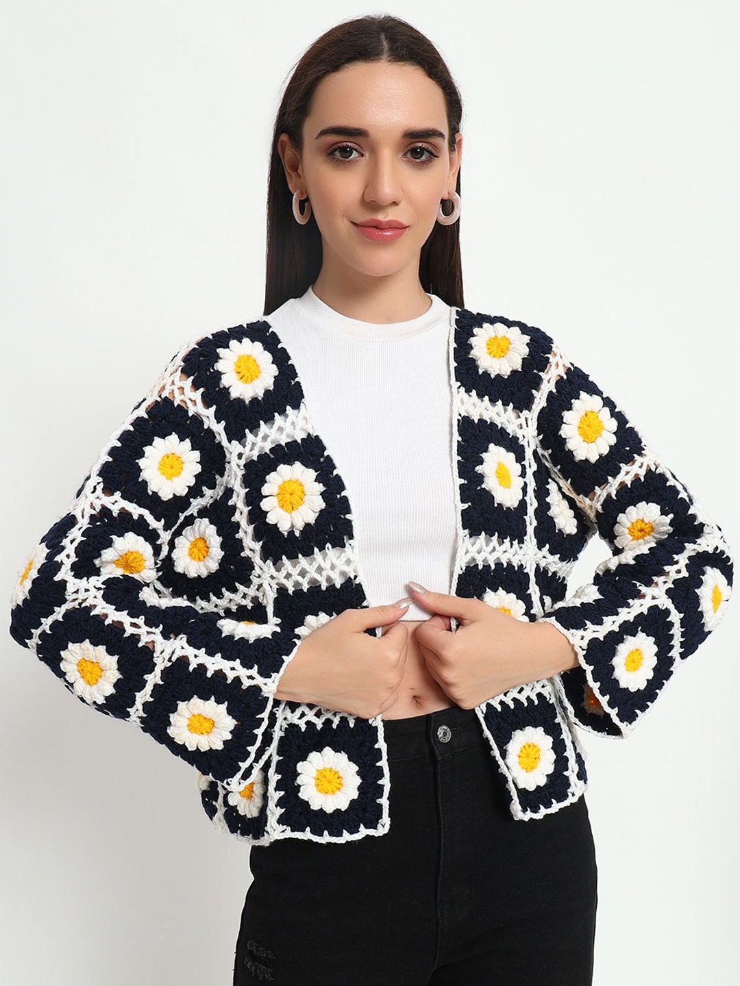 

Sugercandy Women Floral Self Design Woollen Cardigan, Navy blue