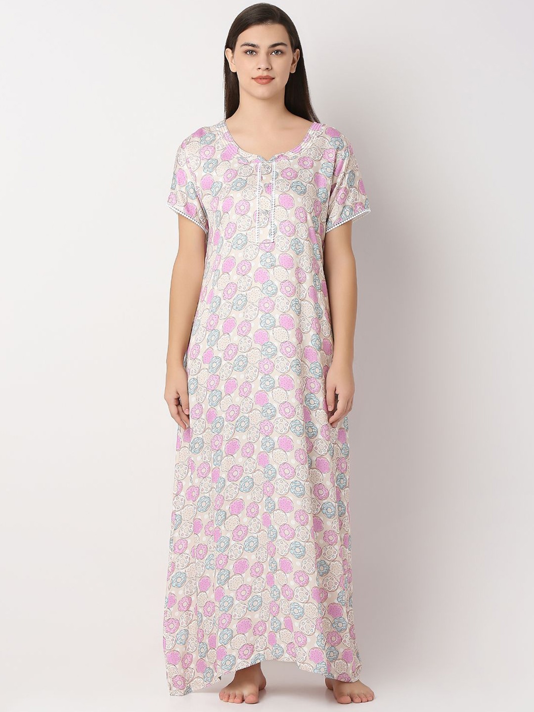 

Juliet Conversational Printed Round Neck Maxi Nightdress, Pink