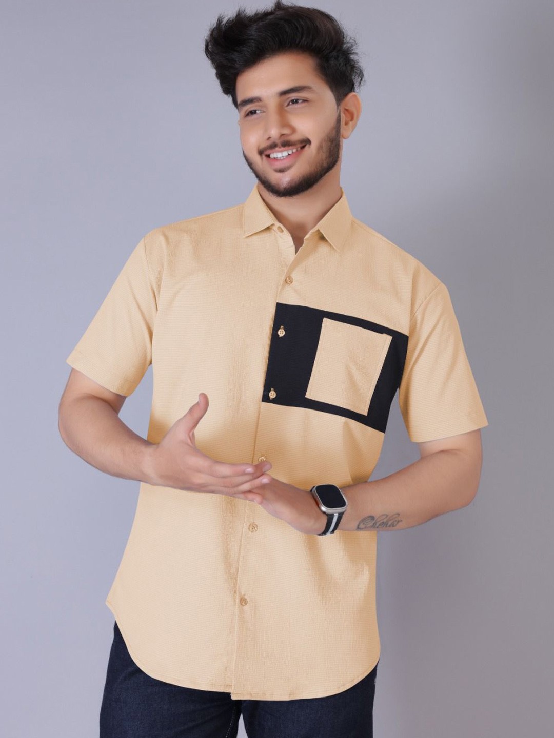 

GREENFLAIR Men India Slim Spread Collar Abstract Printed Slim Fit Casual Shirt, Beige