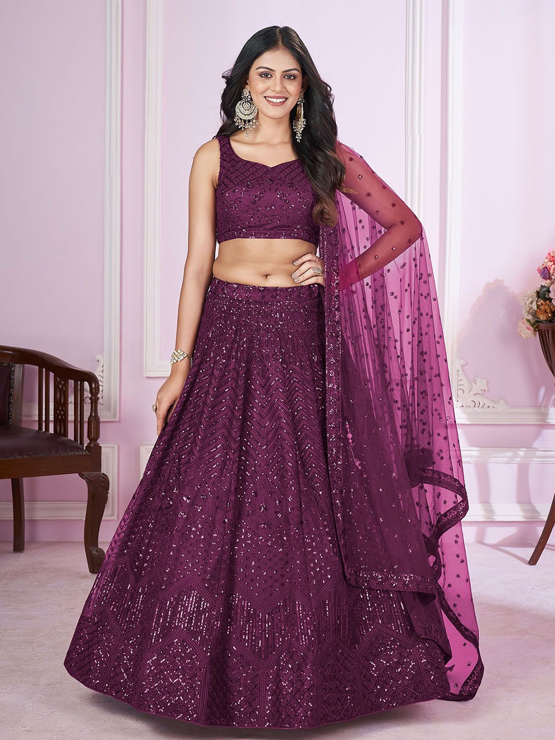 

ODETTE Embellished Sequinned Semi-Stitched Lehenga & Unstitched Blouse With Dupatta, Purple