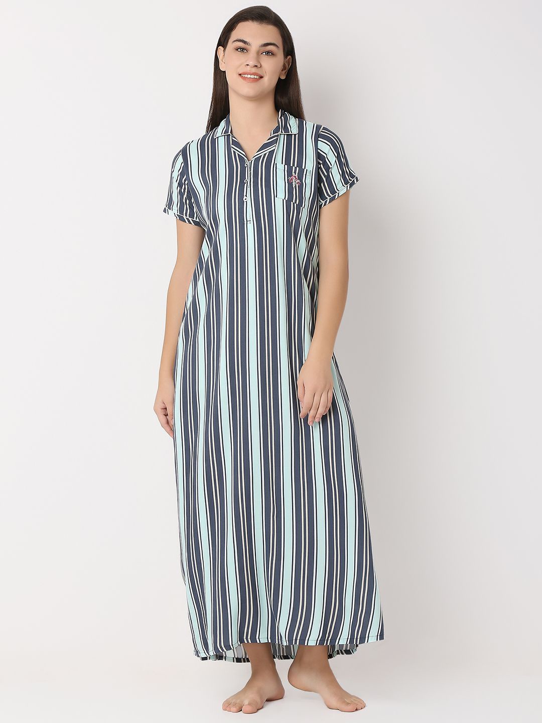 

Juliet Women Printed Polo Collar Maxi Nightdress, Green